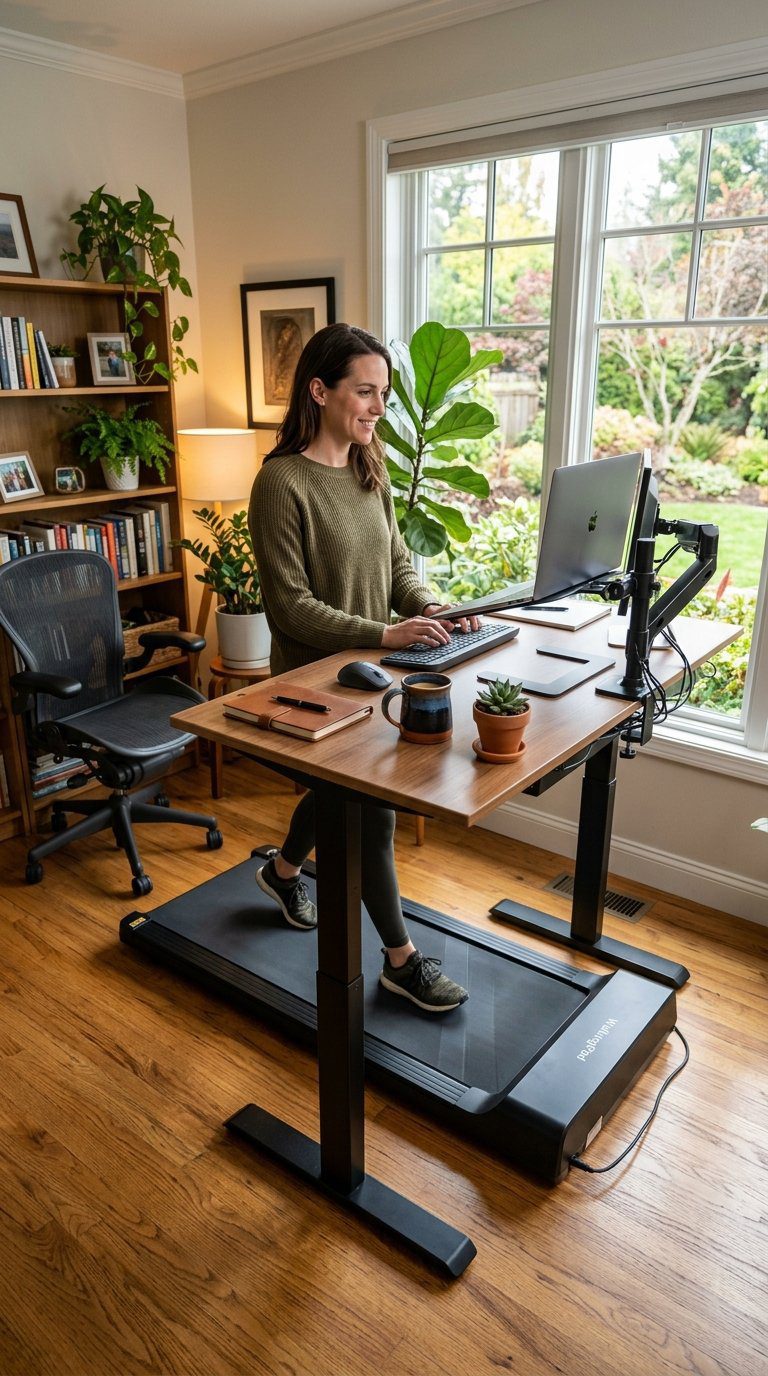 A cozy home office with a treadmill desk setup, showing a laptop, office supplies, and a treadmill beneath the desk near a window with plants.