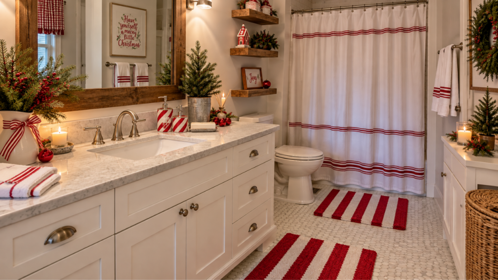 A festive bathroom counter with candy-cane soap dispensers and red-and-white striped bath mats.