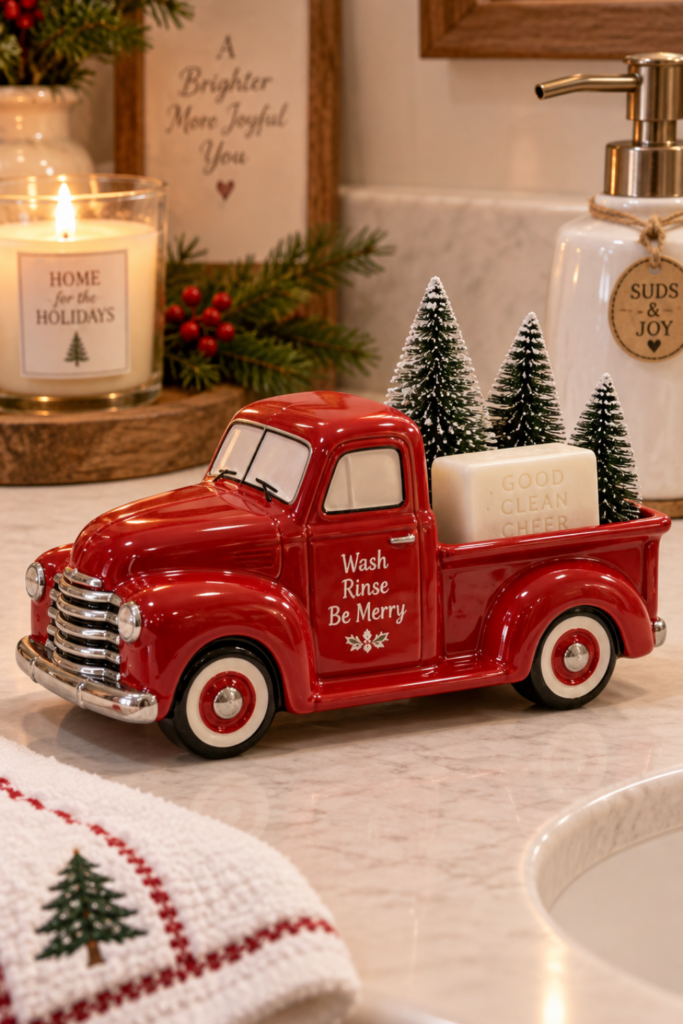 Classic red truck soap dish with bottle brush trees in the bed