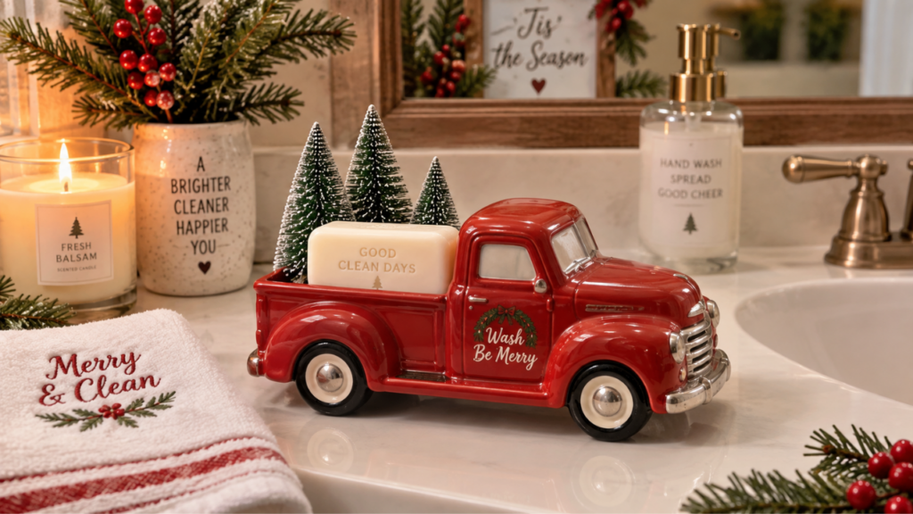 Classic red truck soap dish with bottle brush trees in the bed