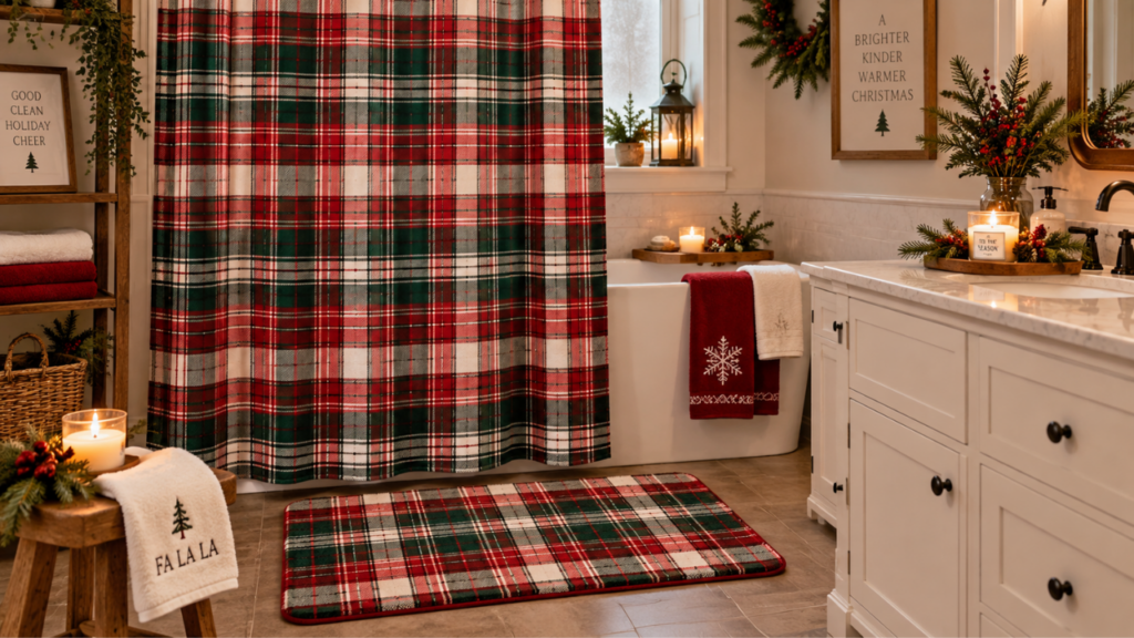  Christmas plaid shower curtain paired with matching floor rug