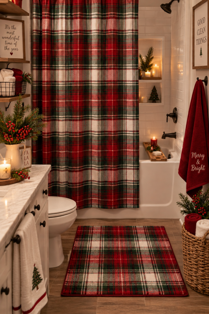  Christmas plaid shower curtain paired with matching floor rug