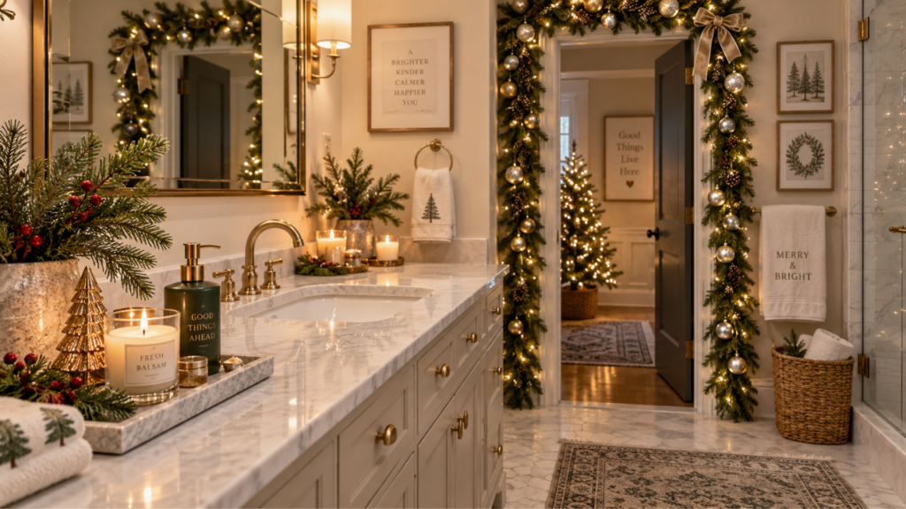 A clean bathroom with a Christmas-decorated counter and gold and silver ornament garland around the doorframe.