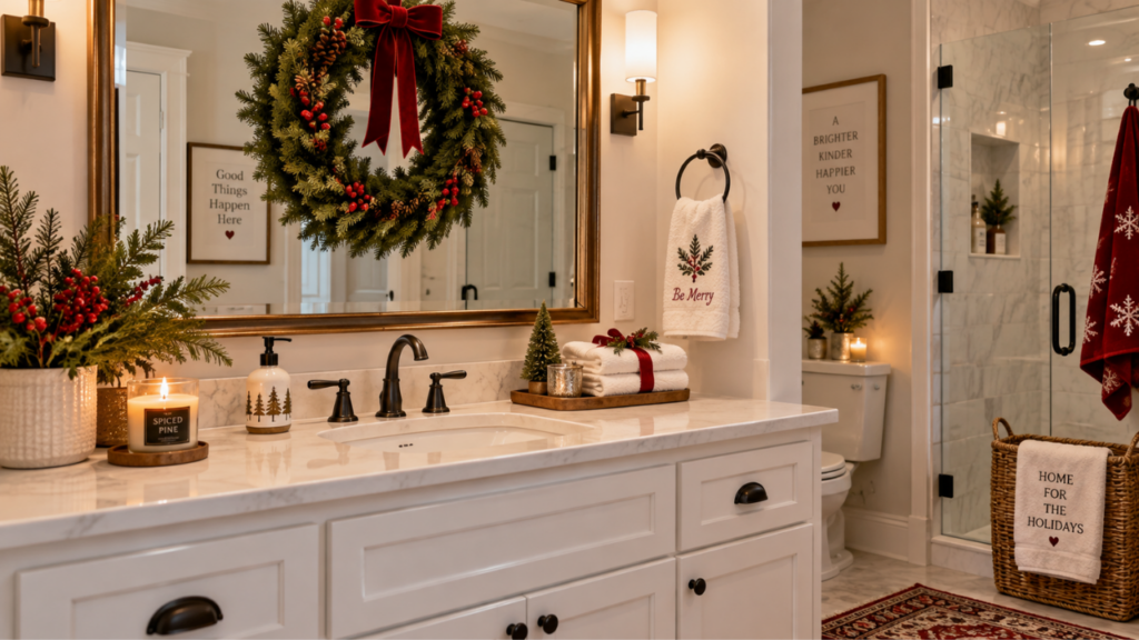 An evergreen Christmas wreath hangs on a bathroom mirror above a neatly decorated white counter.
