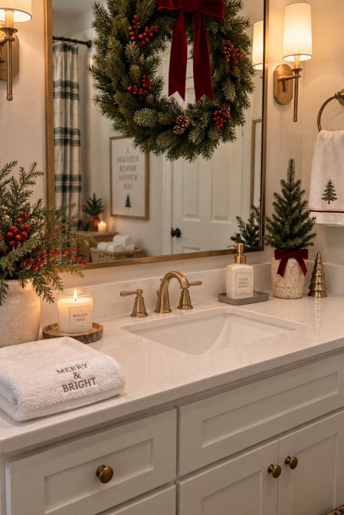 An evergreen Christmas wreath hangs on a bathroom mirror above a neatly decorated white counter.