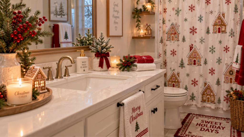 A Christmas-decorated bathroom counter with a snowflake and gingerbread house shower curtain in the background.