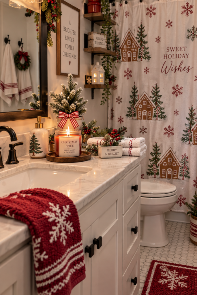 Christmas-decorated bathroom counter with a snowflake and gingerbread house shower curtain in the background.