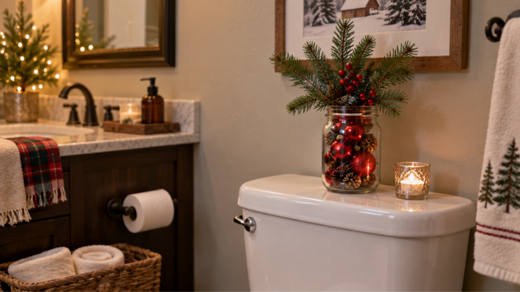 A mason jar filled with red ornaments and pine sprigs sits on a bathroom toilet tank.
