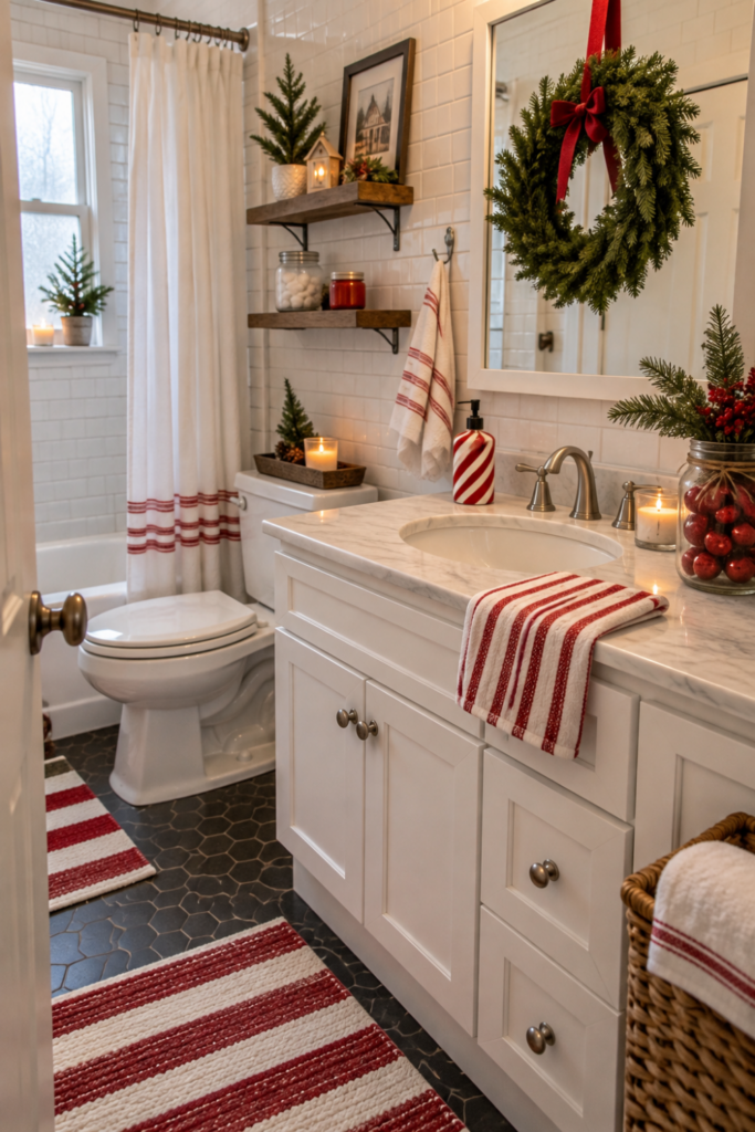 A festive bathroom counter with candy-cane soap dispensers and red-and-white striped bath mats.
