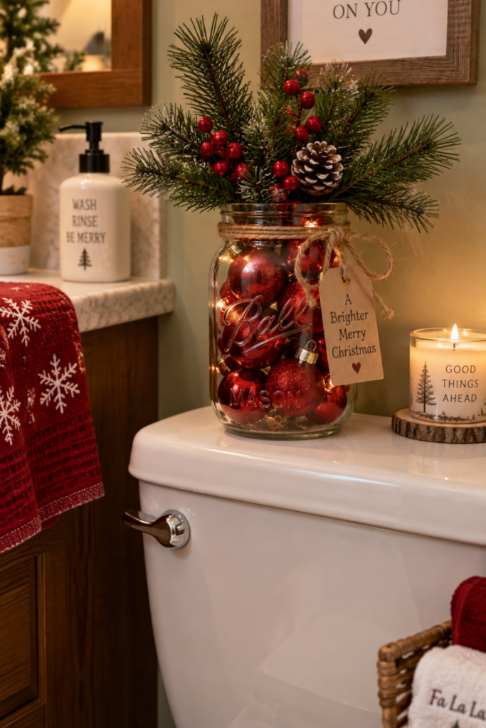 A mason jar filled with red ornaments and pine sprigs sits on a bathroom toilet tank.