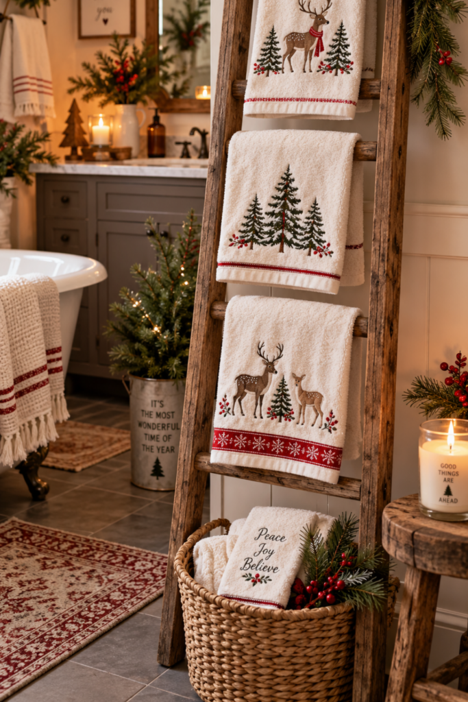  Holiday hand towel ladder featuring embroidered reindeer and trees
