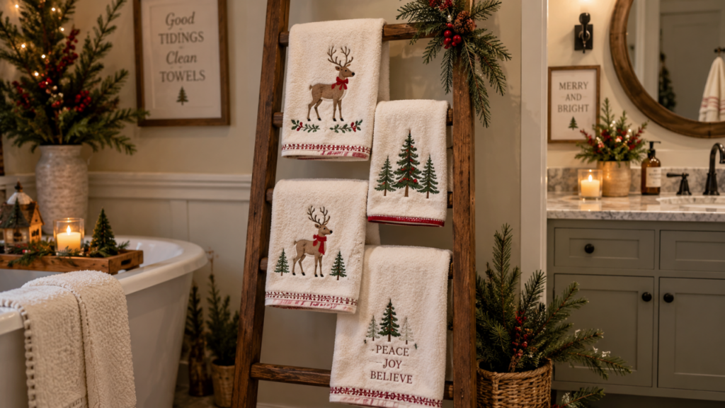  Holiday hand towel ladder featuring embroidered reindeer and trees