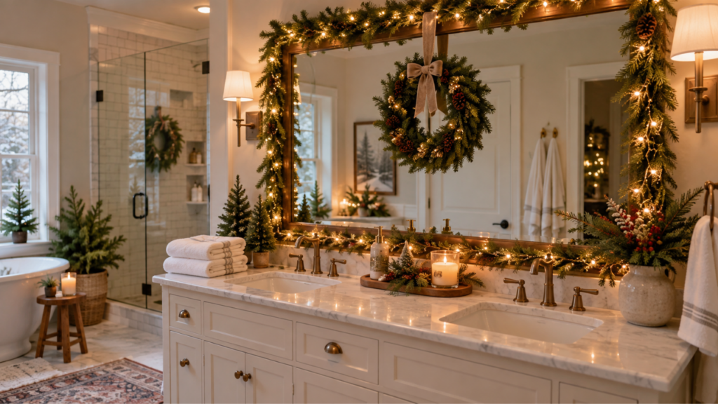 A clean modern bathroom with a mirror decorated with evergreen garland, warm lights, and subtle Christmas accents.