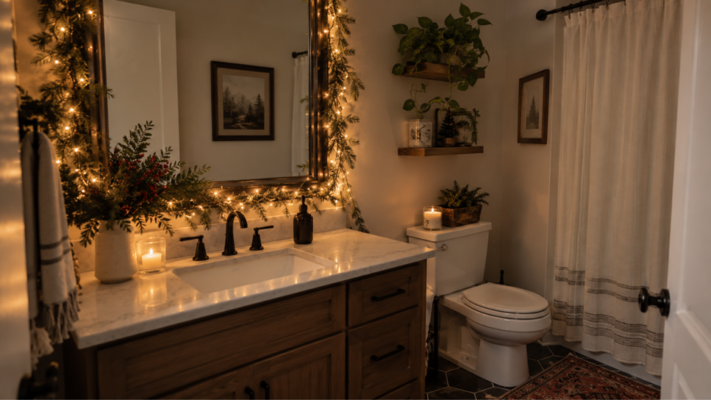 A clean guest bathroom decorated for Christmas with warm string lights around the mirror and subtle evergreen accents.