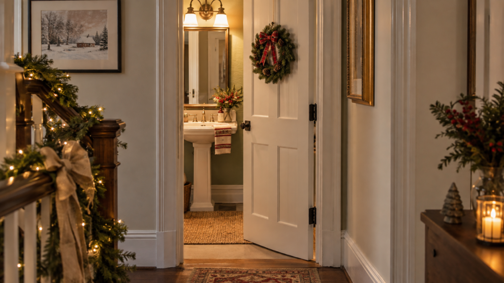 A festive Christmas-decorated guest bathroom doorway with a wreath, garland, lights, and holiday accents.