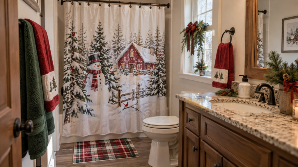 A clean guest bathroom decorated for Christmas with a festive shower curtain and coordinated holiday accents.