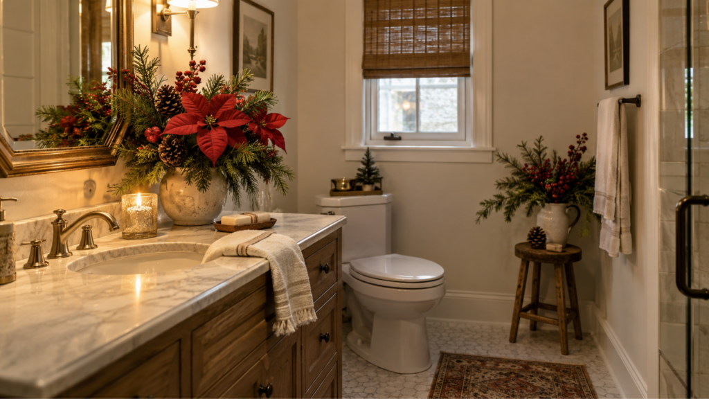 A clean guest bathroom decorated with festive floral arrangements and greenery.