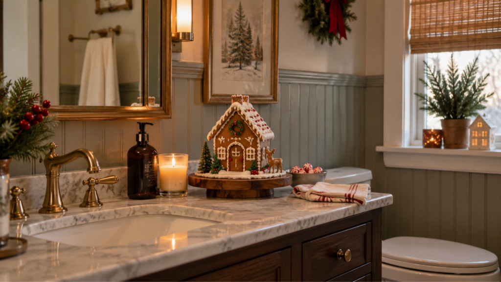 A gingerbread house display decorates a warmly styled Christmas guest bathroom.