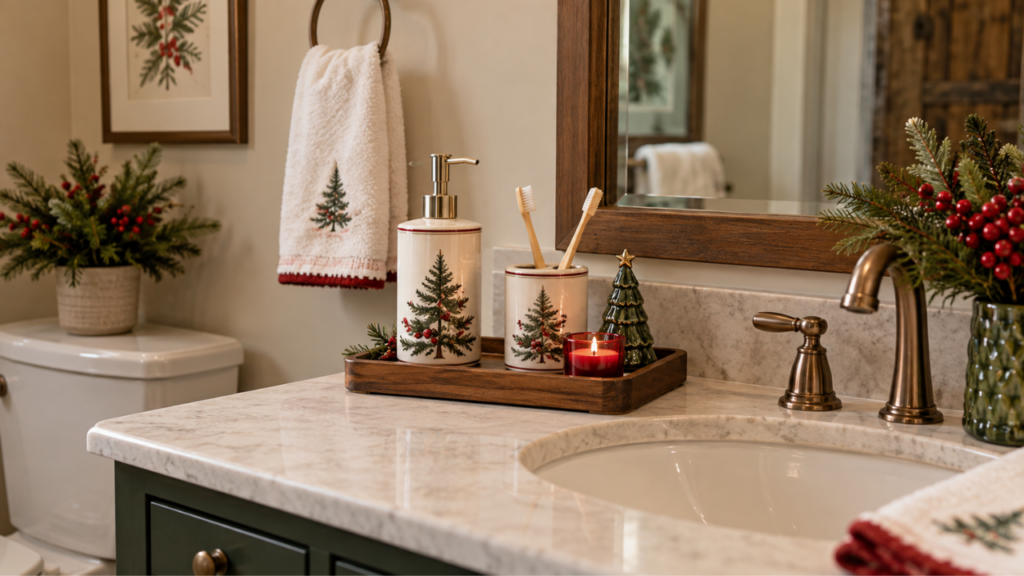 A clean guest bathroom decorated with Christmas-themed accessories, greenery, festive towels, and small holiday ornaments.