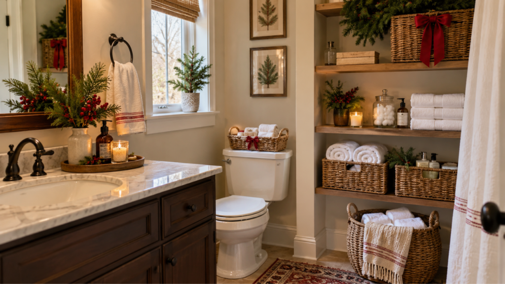 A neatly organized guest bathroom with baskets, shelves, towels, toiletries, and subtle Christmas decorations.