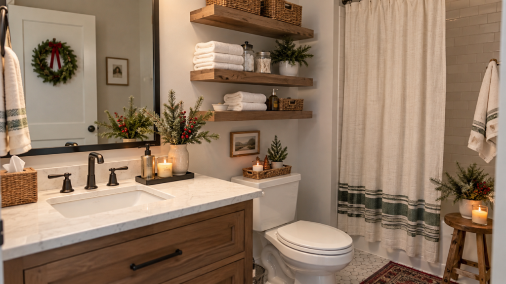 A clean guest bathroom decorated with evergreen branches, red berries, warm lights, and festive towels for Christmas.