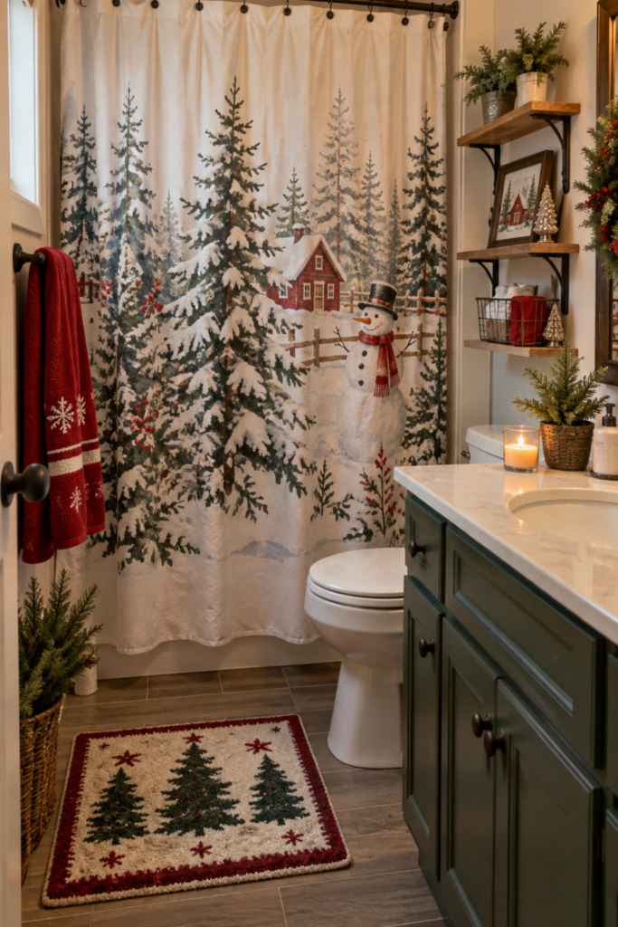 A clean guest bathroom decorated for Christmas with a festive shower curtain and coordinated holiday accents.