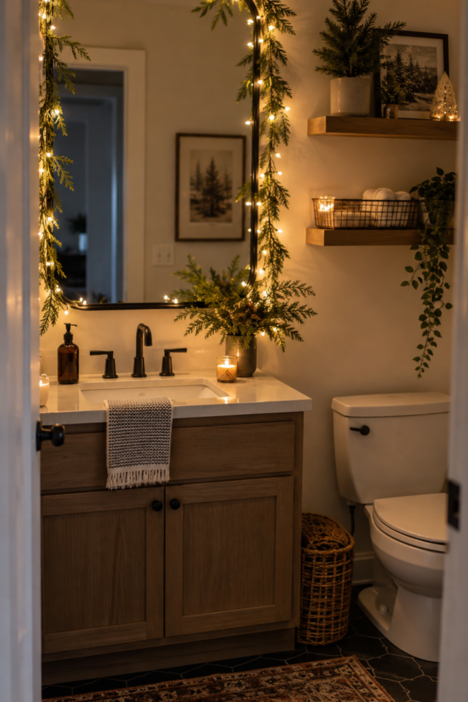 A Christmas-decorated guest bathroom with a green boxwood wreath hanging near the white vanity.