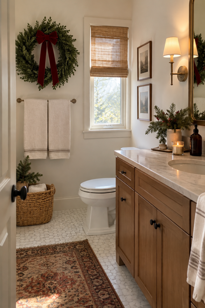 A Christmas-decorated guest bathroom with a green boxwood wreath hanging near the white vanity.
