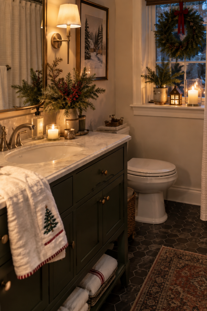 A clean Christmas guest bathroom with glowing scented candles, white towels, and evergreen holiday decorations.