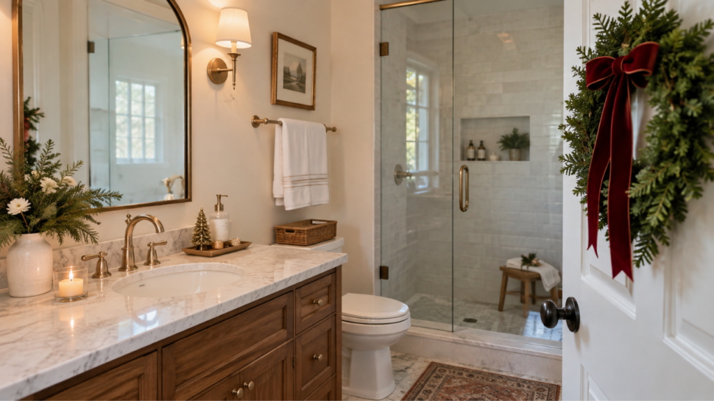 A Christmas-decorated guest bathroom with a green boxwood wreath hanging near the white vanity.