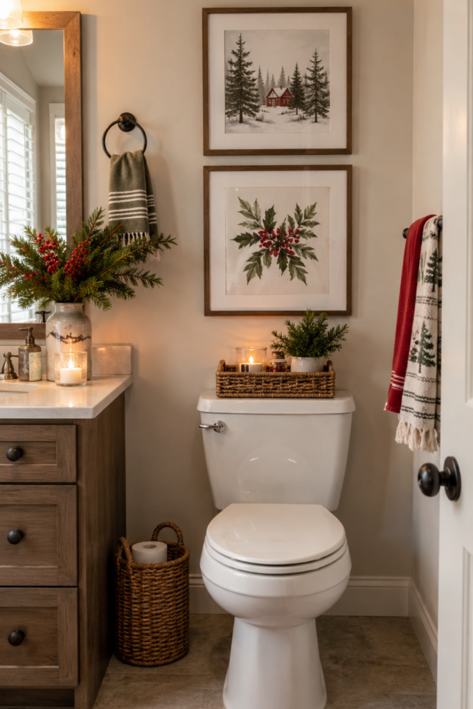A warmly decorated Christmas guest bathroom with framed festive wall art above the vanity.