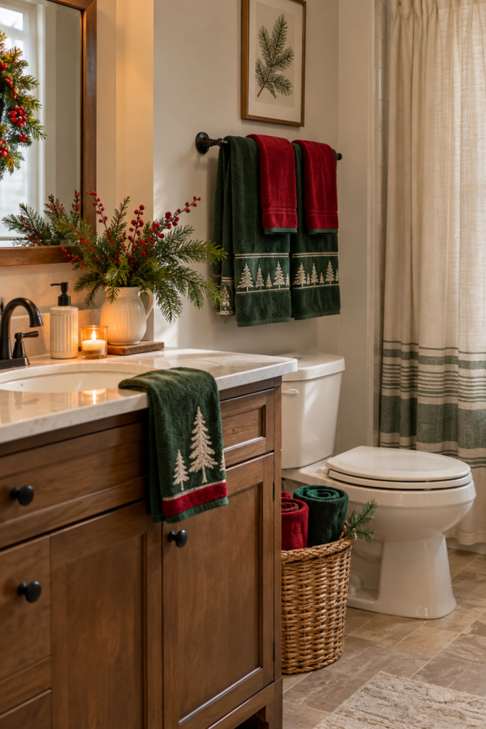A clean guest bathroom decorated with neatly arranged red and green Christmas towels and subtle seasonal greenery.