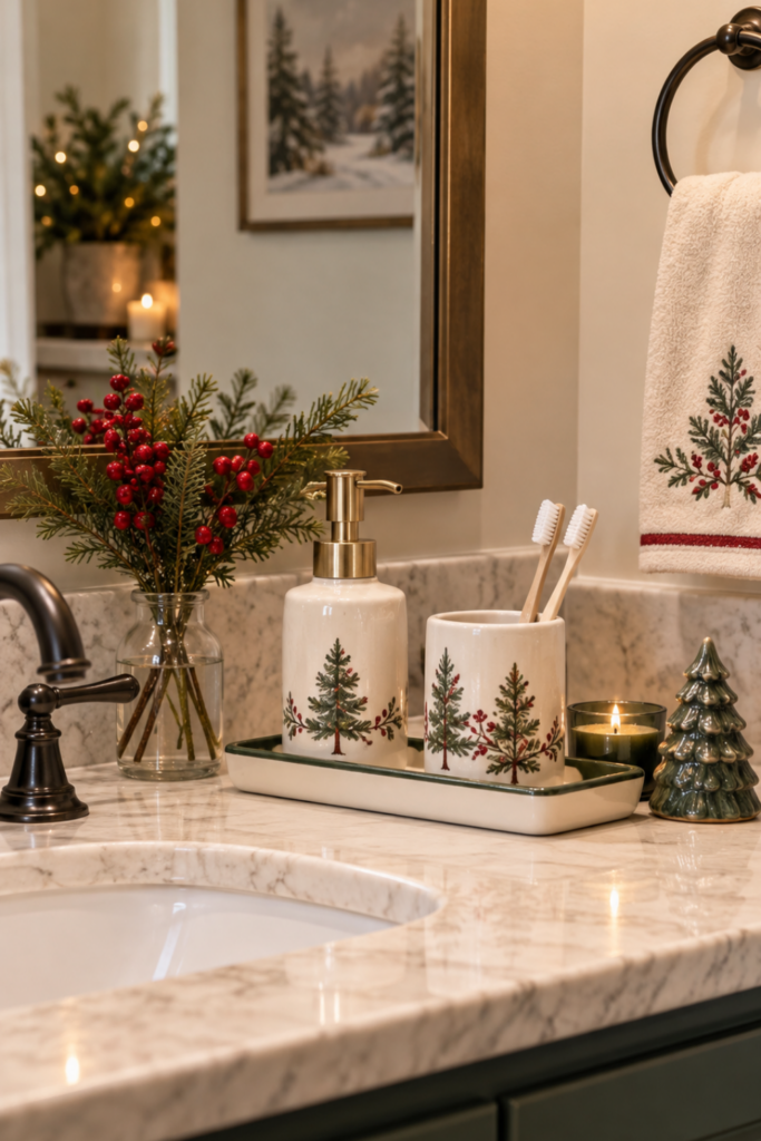 A clean guest bathroom decorated with Christmas-themed accessories, greenery, festive towels, and small holiday ornaments.
