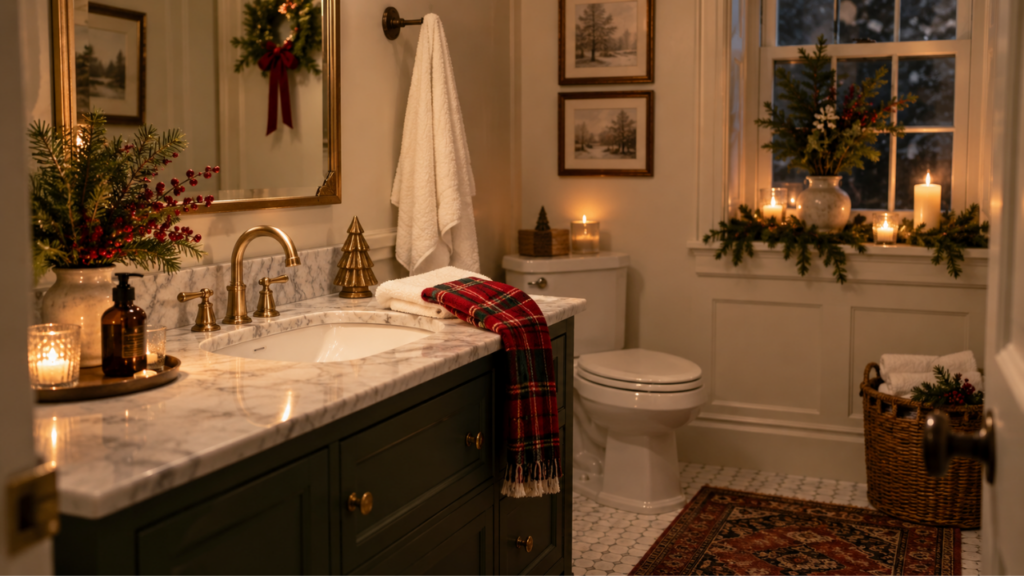 A clean Christmas guest bathroom with glowing scented candles, white towels, and evergreen holiday decorations.