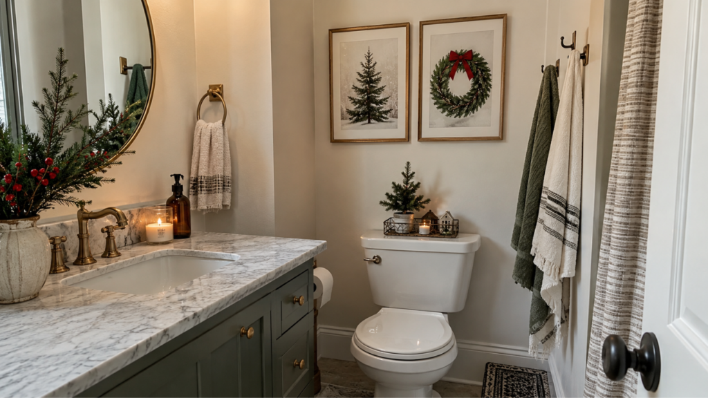 A warmly decorated Christmas guest bathroom with framed festive wall art above the vanity.
