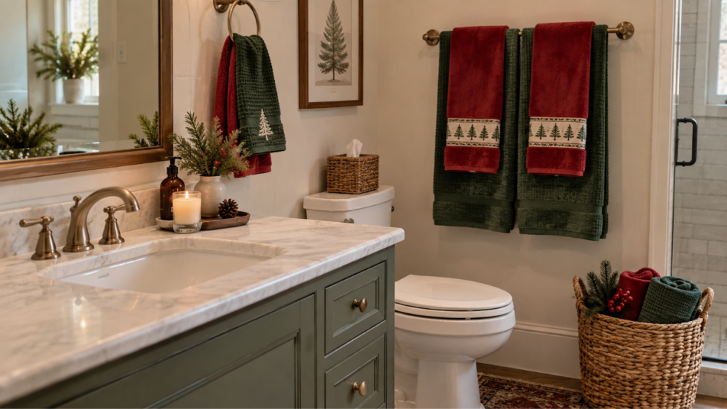A clean guest bathroom decorated with neatly arranged red and green Christmas towels and subtle seasonal greenery.