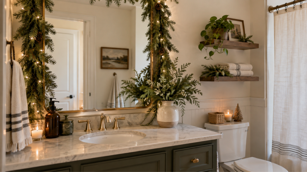 A festive guest bathroom decorated with faux evergreen greenery, red berries, warm lights, and neatly folded towels.