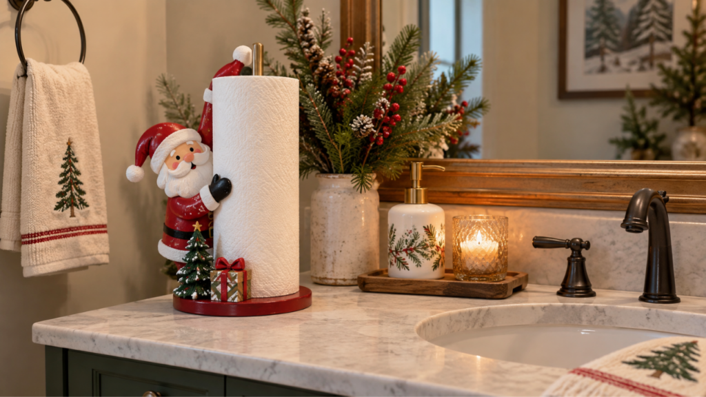 A festive paper towel holder sits on a neatly decorated guest bathroom countertop.