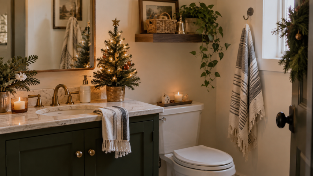 A small decorated Christmas tree sits beside the sink in a cozy guest bathroom.