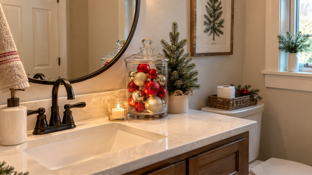 A guest bathroom vanity decorated with a glass jar of colorful Christmas ornaments and simple holiday accents.