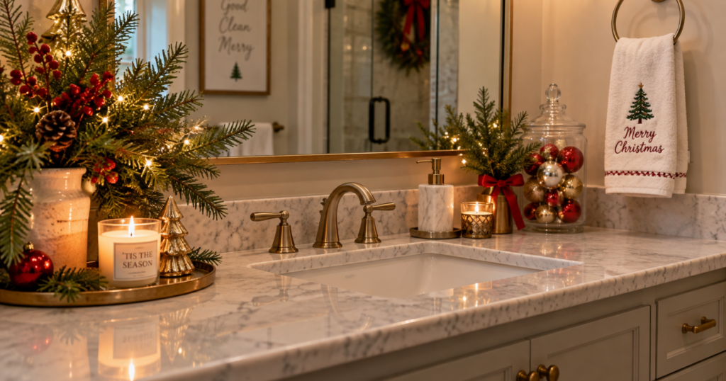 A bathroom counter decorated with tasteful Christmas greenery, ornaments, lights, and a festive hand towel.