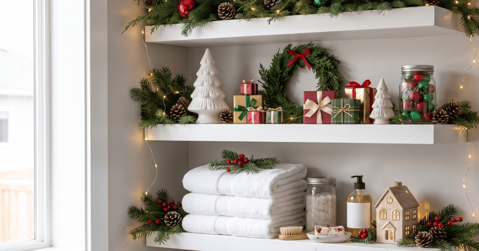 A bathroom shelf decorated with Christmas greenery, ornaments, lights, pinecones, and neatly folded towels.