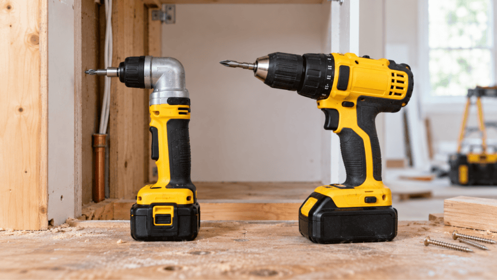 Right angle drill compared with a regular drill