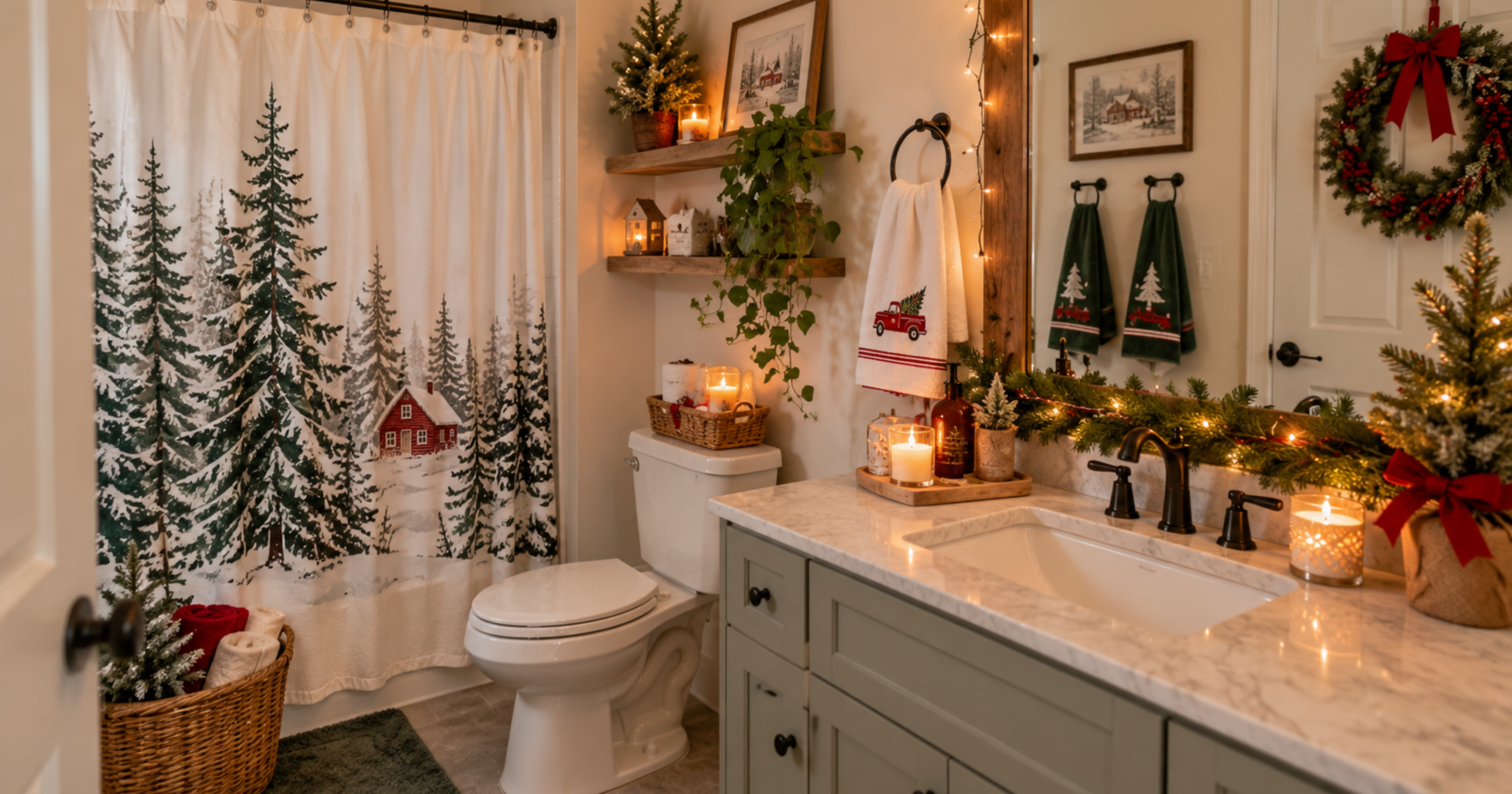 cozy guest bathroom decorated for Christmas. Show a clean white or soft neutral bathroom with a festive shower curtain, holiday hand towels, faux greenery, a mini Christmas tree, a wreath, warm string lights, candles, and a few tasteful red and green accents. The space should feel welcoming, tidy, and budget-friendly, like a real home getting ready for holiday guests. Warm natural light, realistic styling, no people,