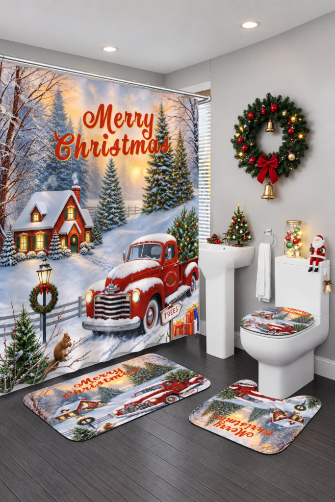 4 Pieces Merry Christmas Shower Curtain Sets with Non-Slip Bathroom Rugs, Toilet Lid Cover and Bath Mat, Xmas Red Truck Shower Curtain with 12 Hooks, Bathroom Curtain Shower Set for Chirstmas