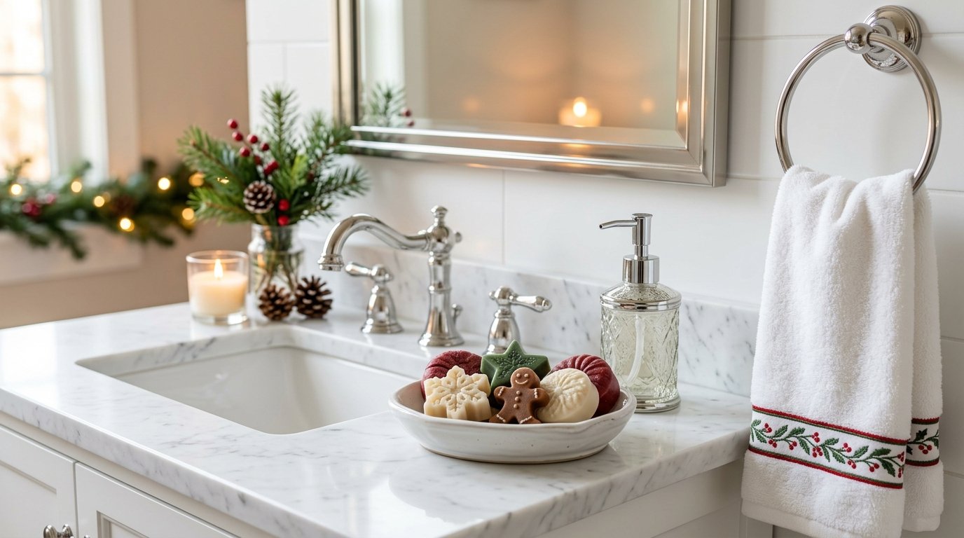 A festive guest bathroom vanity displaying Christmas-themed scented soaps beside holiday greenery and a folded towel.