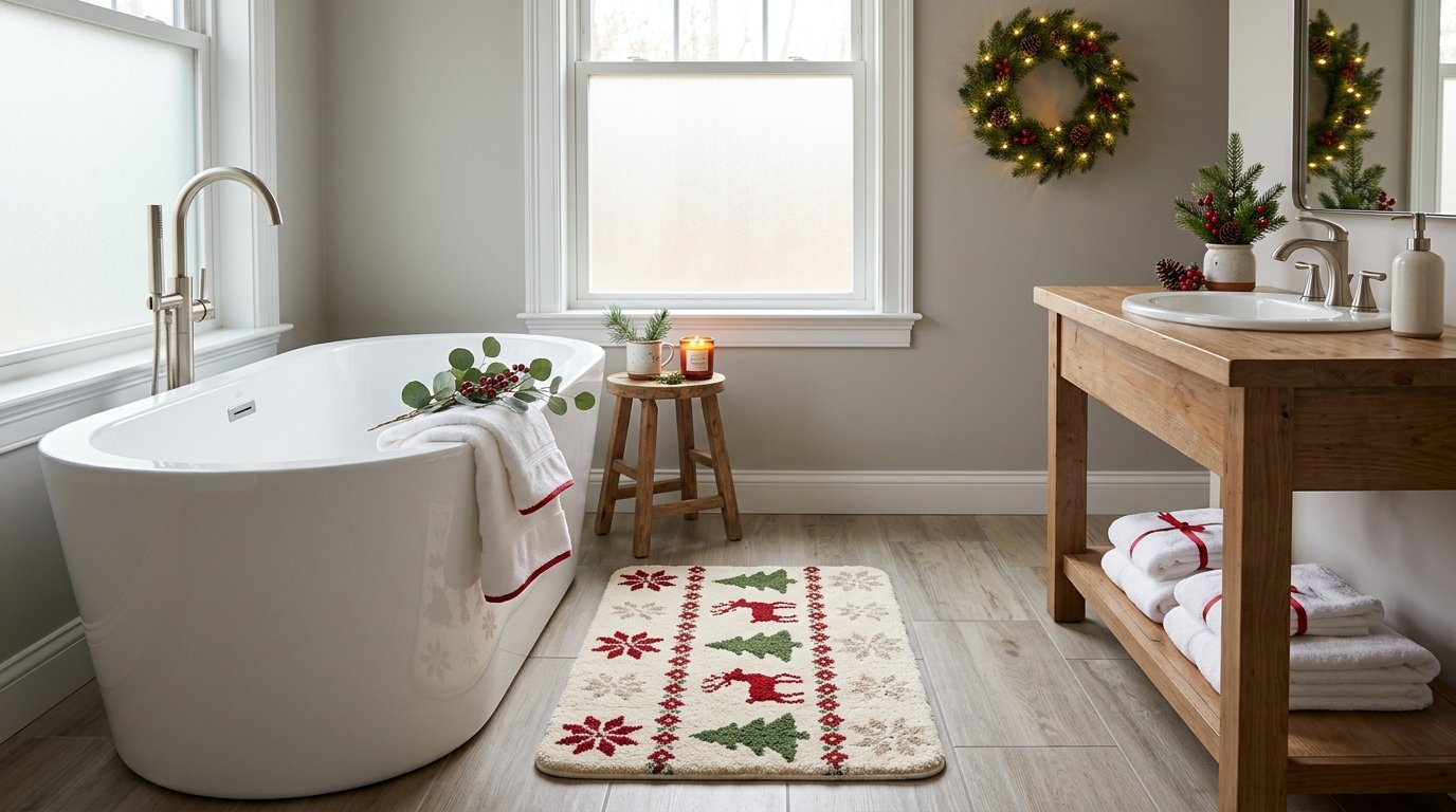 A festive guest bathroom with a colorful Christmas bath mat beside a white bathtub.