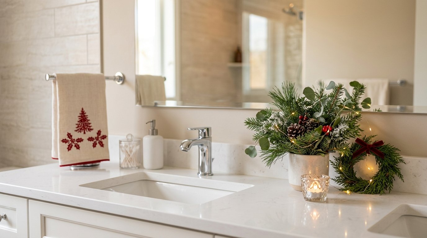 A bathroom counter decorated with tasteful Christmas greenery, ornaments, lights, and a festive hand towel.