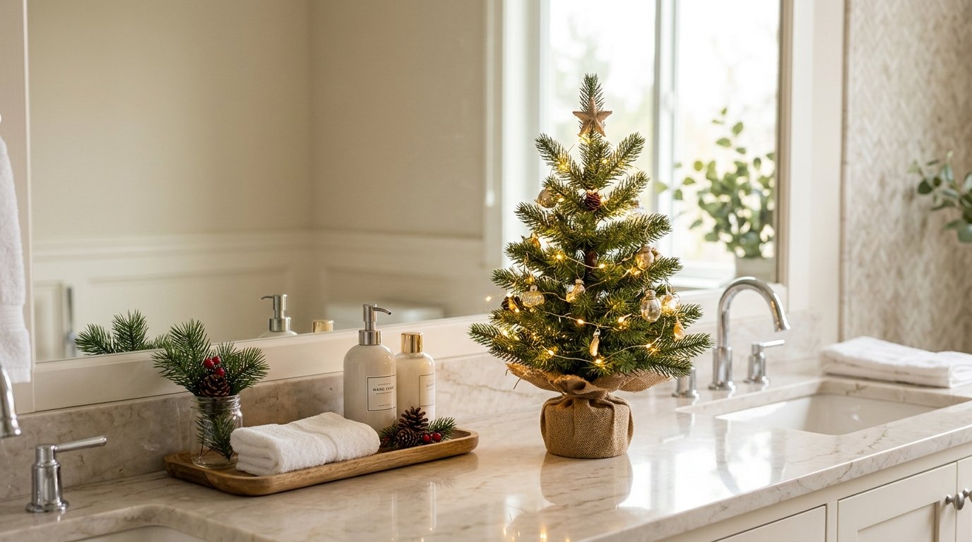 A small Christmas tree with warm fairy lights sits on a decorated bathroom vanity.