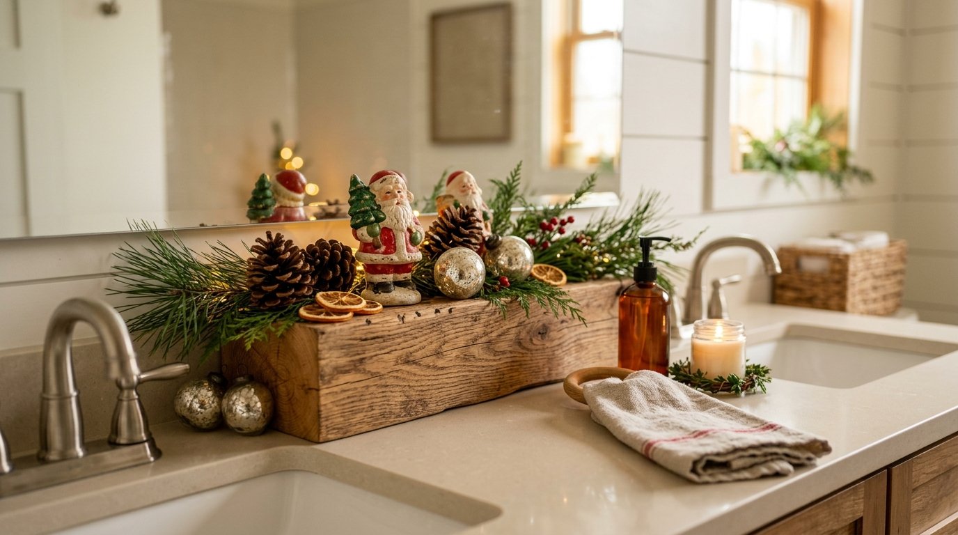 A rustic wooden shelf with pinecones and vintage Santa figurines decorates a Christmas-themed bathroom counter.